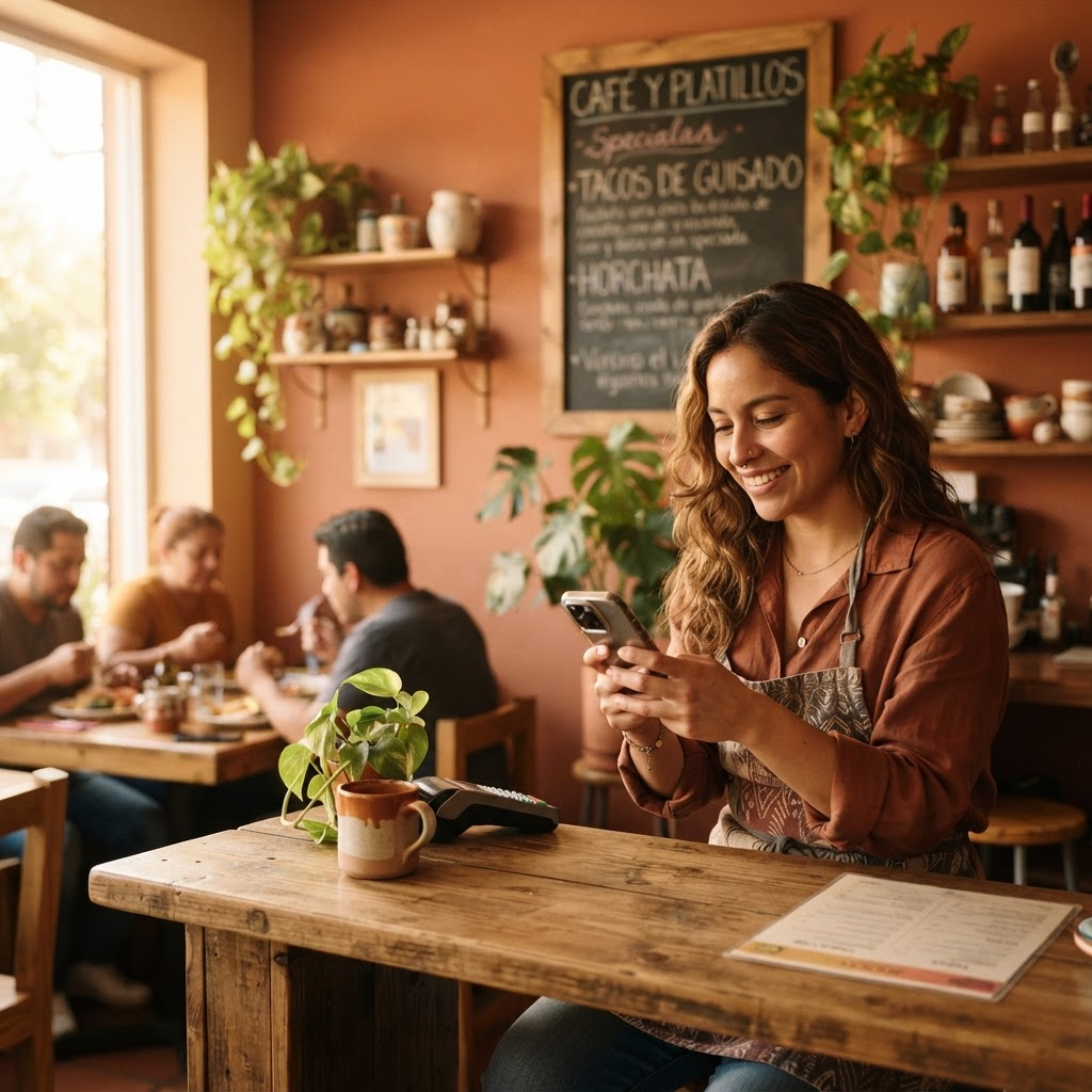 Dueña de un restaurante responde mensajes desde su celular